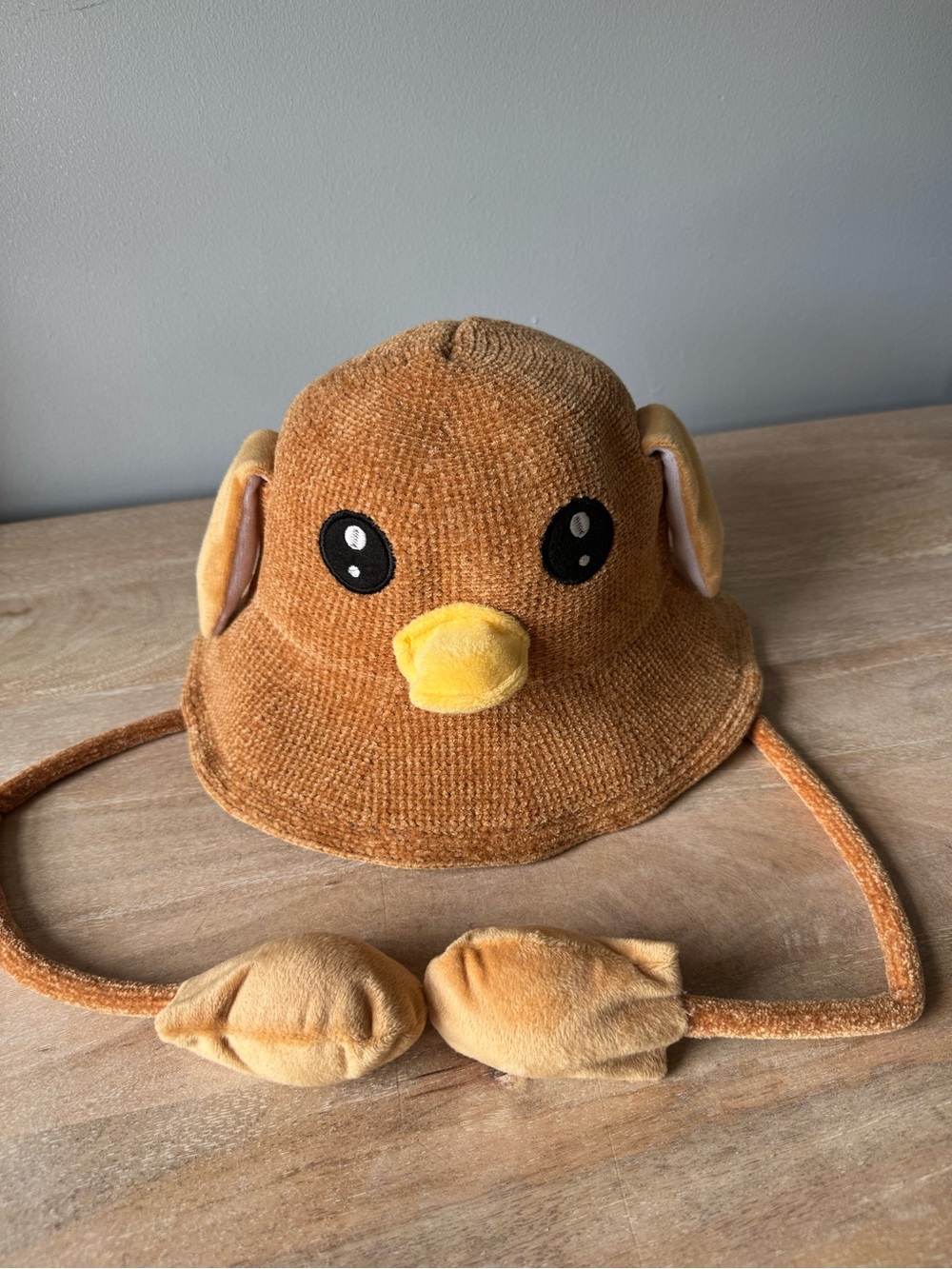 Children's Plush Duck Bucket Hat in Brown with Chin Strap